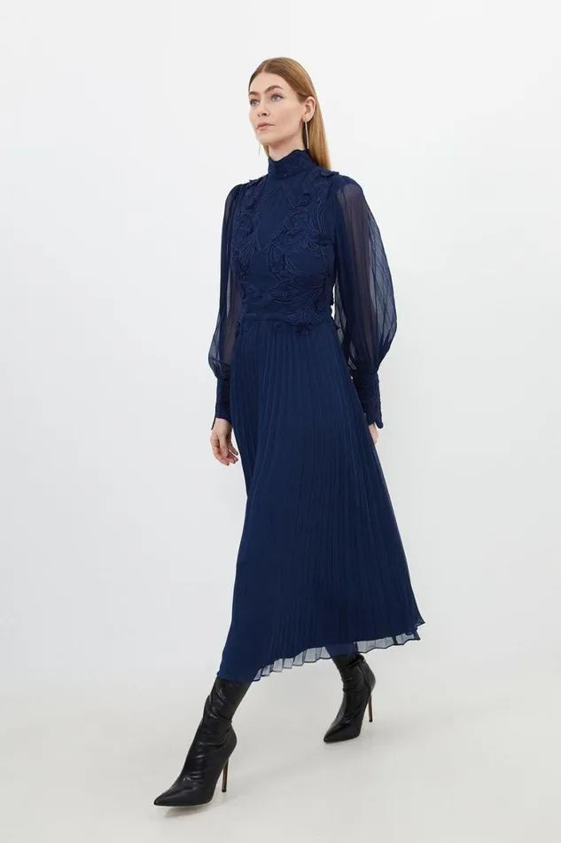 Dresses Women Karen Millen Petite Lace Applique Woven Maxi Dress Navy