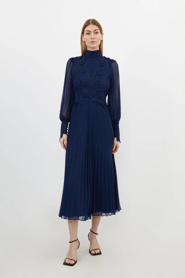 Dresses Women Karen Millen Petite Lace Applique Woven Maxi Dress Navy