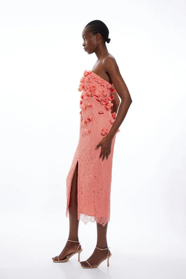 Dresses Women Karen Millen Petite Petal Floral Applique Lace Woven Bandeau Midi Dress Coral