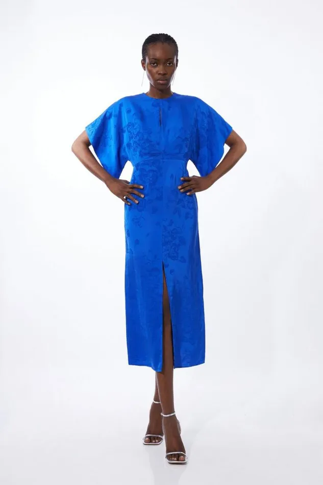 Dresses Women Karen Millen Petite Premium Jacquard Woven Midaxi Sleeve Dress Blue