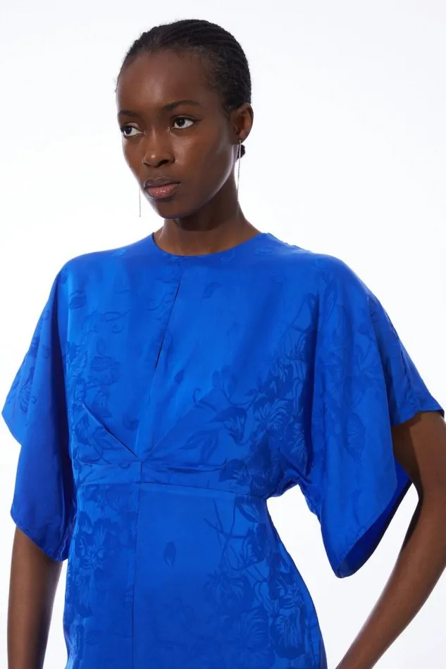 Dresses Women Karen Millen Petite Premium Jacquard Woven Midaxi Sleeve Dress Blue
