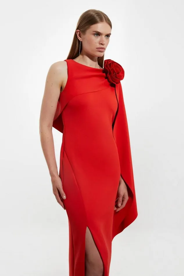 Dresses Women Karen Millen Petite Scuba Crepe Dramatic Rosette Woven Cape Midi Dress Red