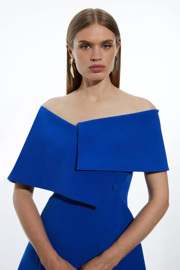 Dresses Women Karen Millen Petite Stretch Crepe Asymmetric Collar Tailored Full Skirt Midaxi Dress Cobalt