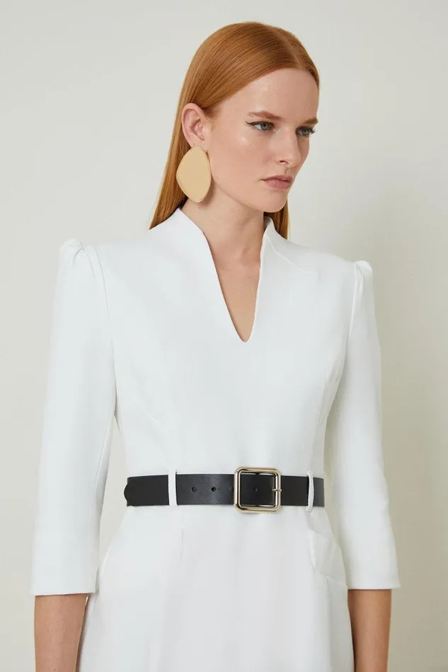 Dresses Women Karen Millen Petite Tailored Structured Crepe High Neck Belted Pencil Dress Ivory