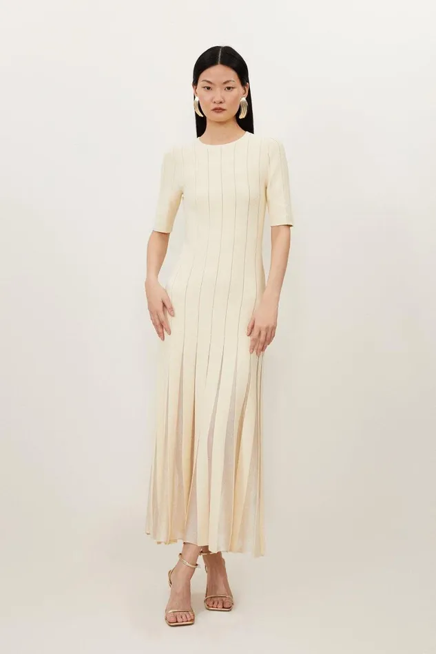 Dresses Women Karen Millen Petite Viscose Blend Filament Full Skirt Knit Midi Dress Ivory
