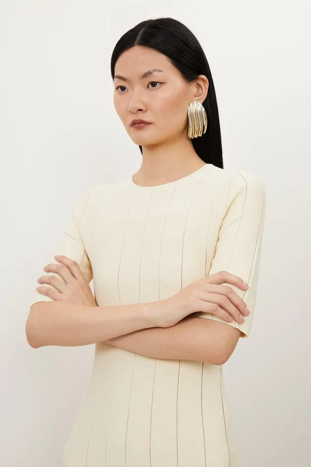 Dresses Women Karen Millen Petite Viscose Blend Filament Full Skirt Knit Midi Dress Ivory
