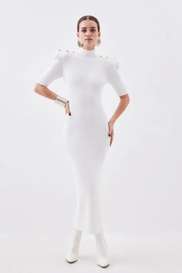 Dresses Women Karen Millen Petite Viscose Blend Rib Knit Power Shoulder Military Trim Maxi Dress Ivory Dresses Women Karen Millen Petite Viscose Blend Rib Knit Power Shoulder Military Trim Maxi Dress Ivory