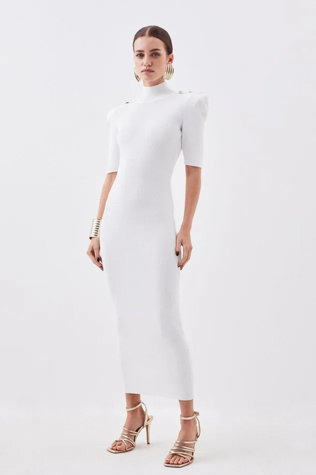 Dresses Women Karen Millen Petite Viscose Blend Rib Knit Power Shoulder Military Trim Maxi Dress Ivory