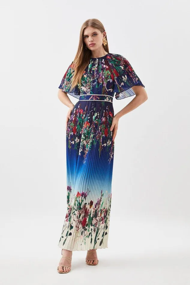 Dresses Women Karen Millen Pleat Detail Floral Woven Midaxi Dress Blue