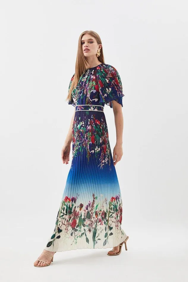 Dresses Women Karen Millen Pleat Detail Floral Woven Midaxi Dress Blue
