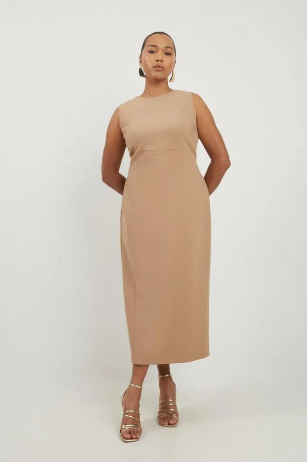 Dresses Women Karen Millen Plus Size Compact Stretch Tailored Pencil Midi Dress Camel
