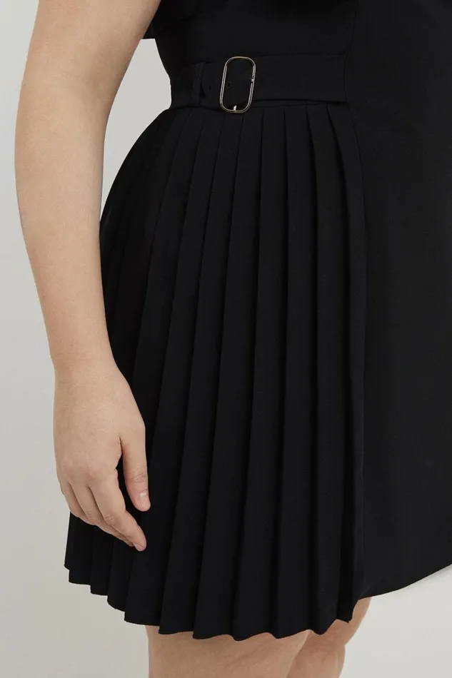 Dresses Women Karen Millen Plus Size Tailored Crepe Pleated Collarless Mini Dress Black