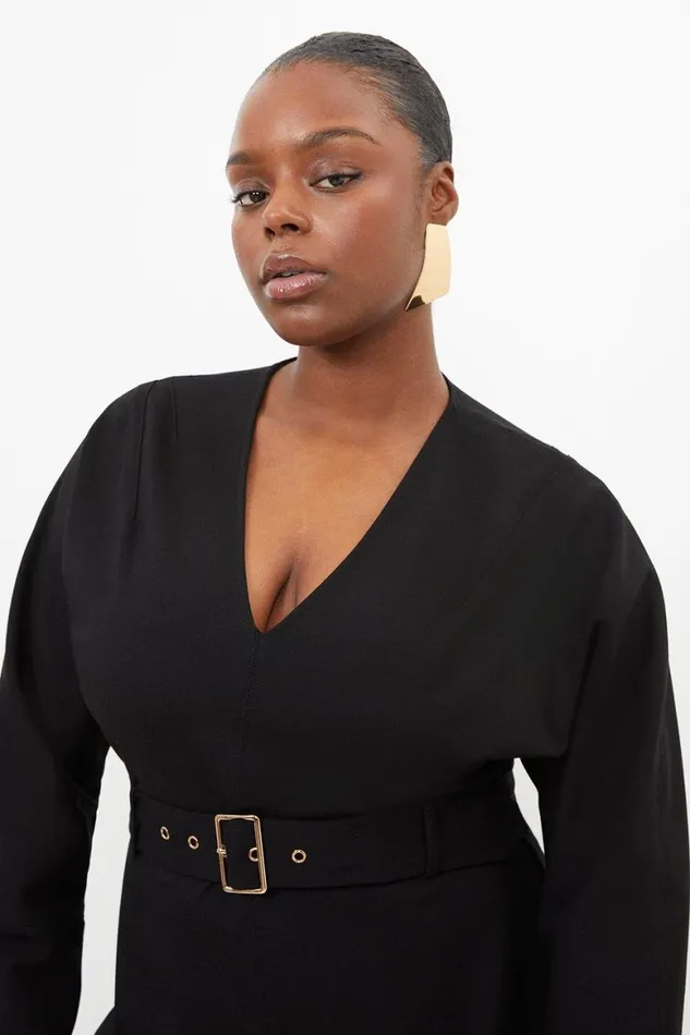 Dresses Women Karen Millen Plus Size V Neck Belted Ponte Jersey Mini Dress Black