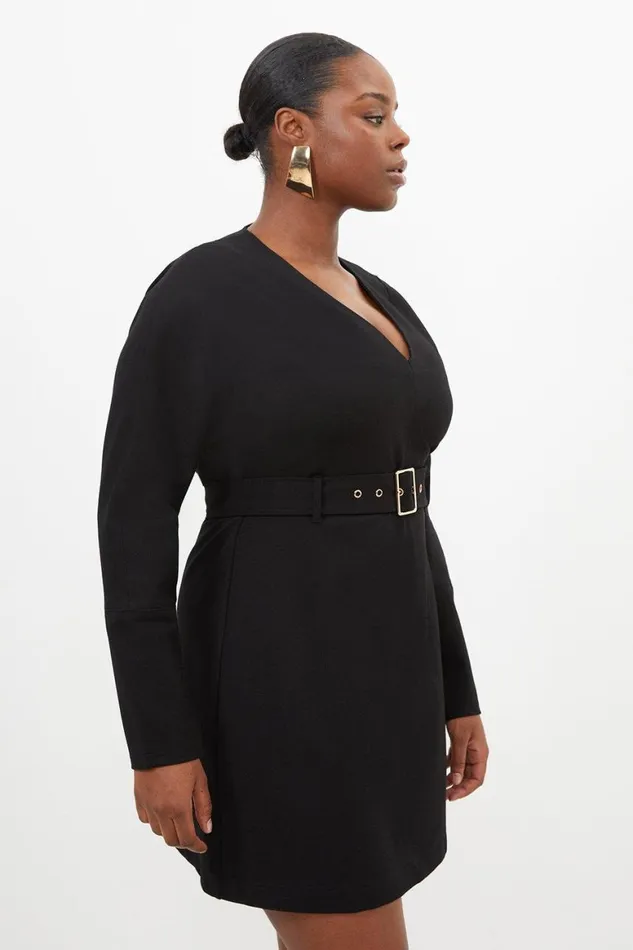 Dresses Women Karen Millen Plus Size V Neck Belted Ponte Jersey Mini Dress Black