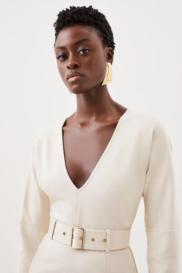 Dresses Women Karen Millen Ponte Belted Midi Dress Cream