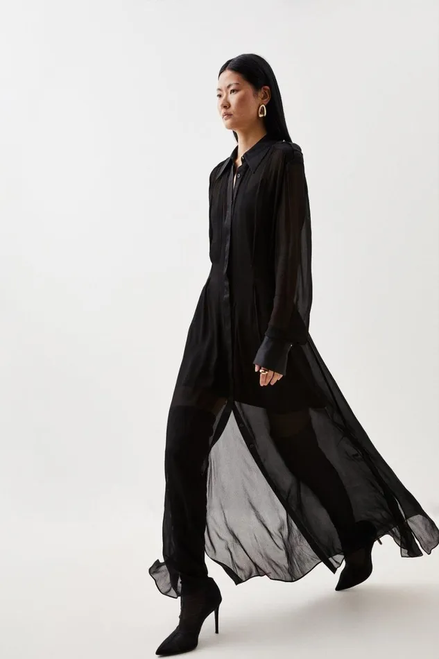 Dresses Women Karen Millen Premium Georgette Sheer Woven Maxi Shirt Dress Black