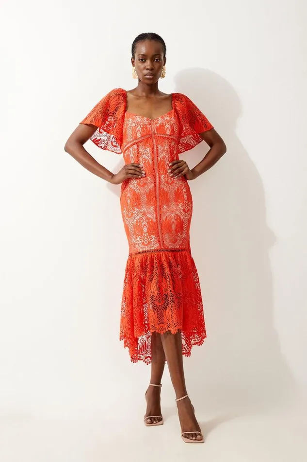 Dresses Women Karen Millen Premium Satin Guipure Lace Angel Sleeve Maxi Dress Red