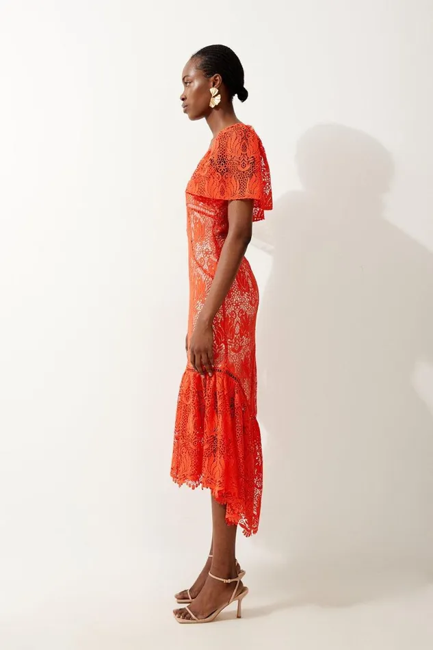 Dresses Women Karen Millen Premium Satin Guipure Lace Angel Sleeve Maxi Dress Red