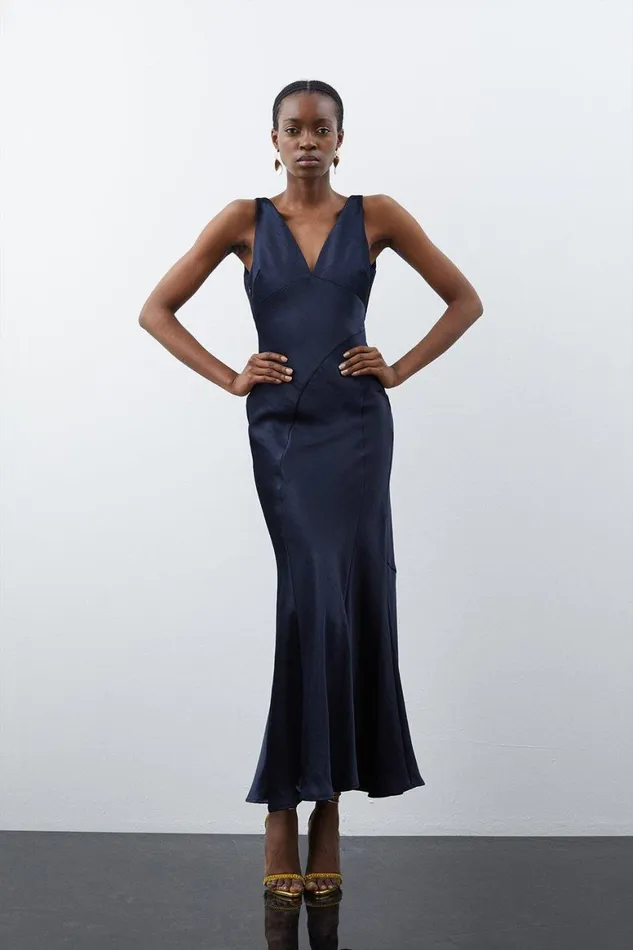 Dresses Women Karen Millen Premium Satin Waterfall Woven Midi Dress Navy