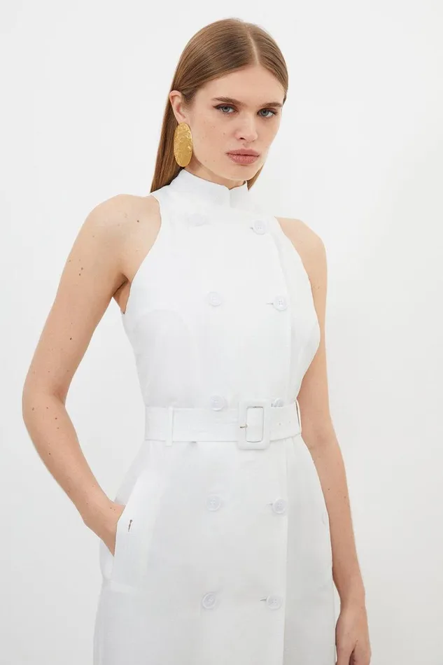 Dresses Women Karen Millen Premium Tailored Linen Double Breasted Belted Midi Dress Ivory