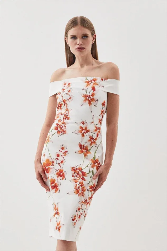 Dresses Women Karen Millen Printed Orchid Italian Signature Stretch Bardot Midi Dress Multi Dresses Women Karen Millen Printed Orchid Italian Signature Stretch Bardot Midi Dress Multi