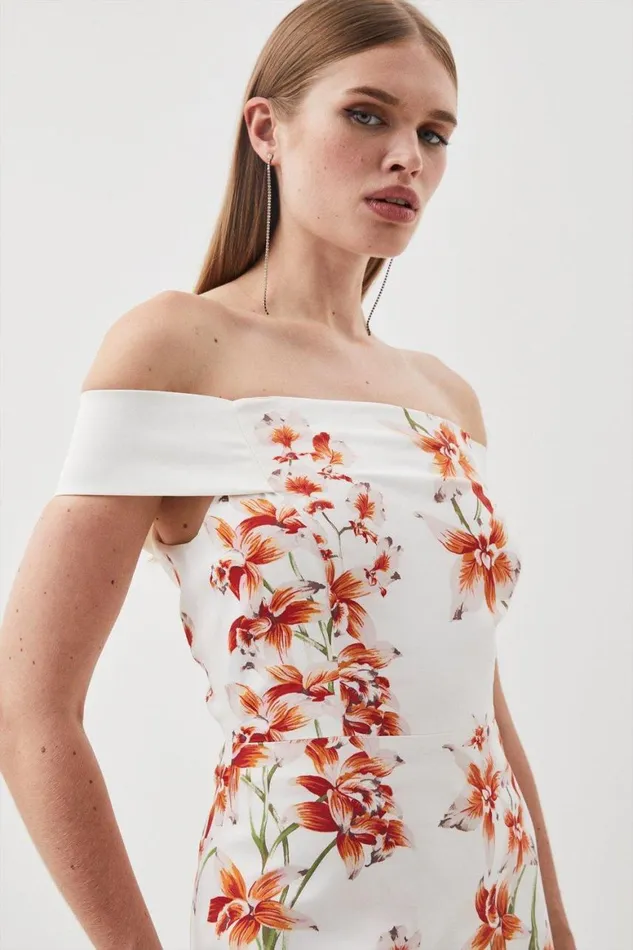 Dresses Women Karen Millen Printed Orchid Italian Signature Stretch Bardot Midi Dress Multi