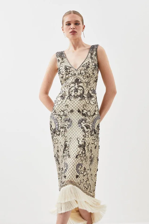 Dresses Women Karen Millen Pu Leather Sequin Woven Deep V Maxi Dress Silver