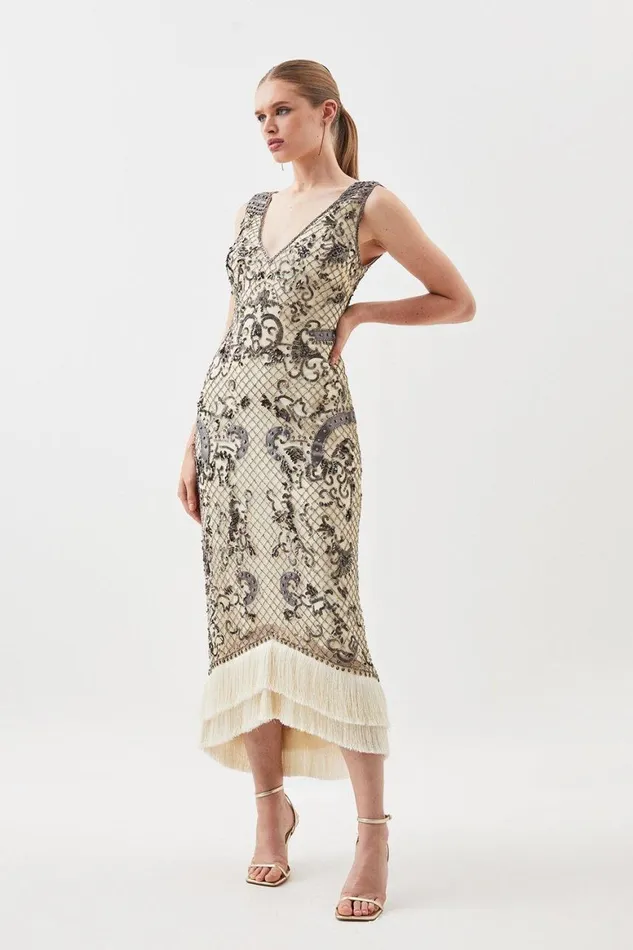 Dresses Women Karen Millen Pu Leather Sequin Woven Deep V Maxi Dress Silver