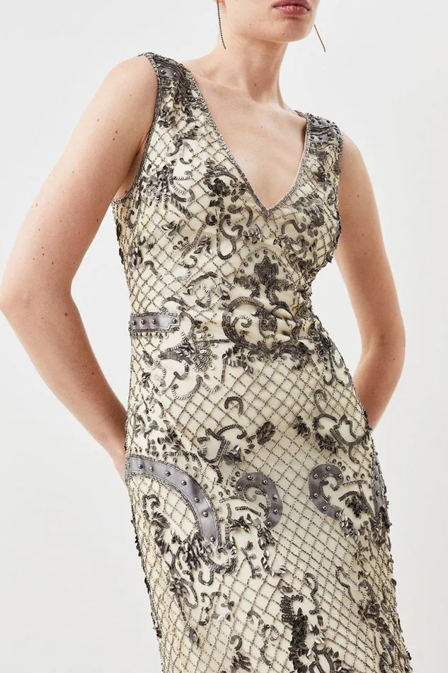 Dresses Women Karen Millen Pu Leather Sequin Woven Deep V Maxi Dress Silver