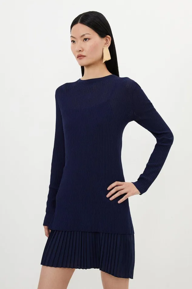 Dresses Women Karen Millen Rib Knitted 2 In 1 Dress With Georgette Pleated Slip Navy