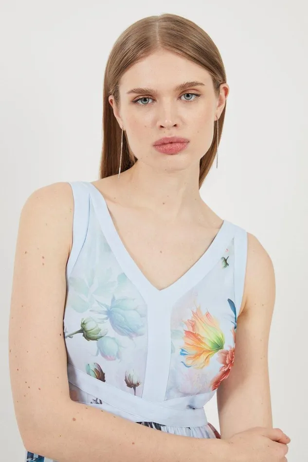 Dresses Women Karen Millen Rose Print Pleated Georgette Midi Dress Blue