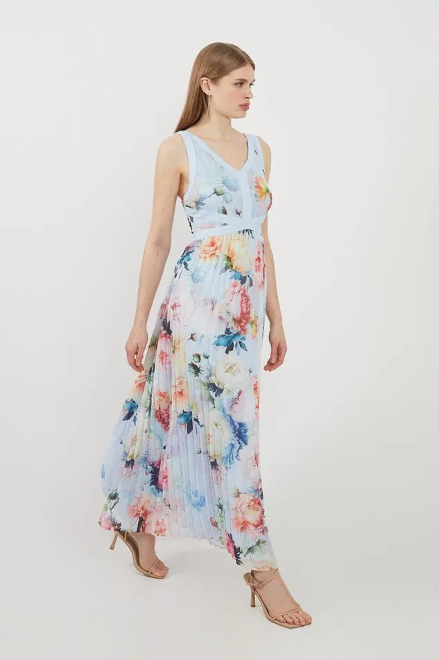 Dresses Women Karen Millen Rose Print Pleated Georgette Midi Dress Blue