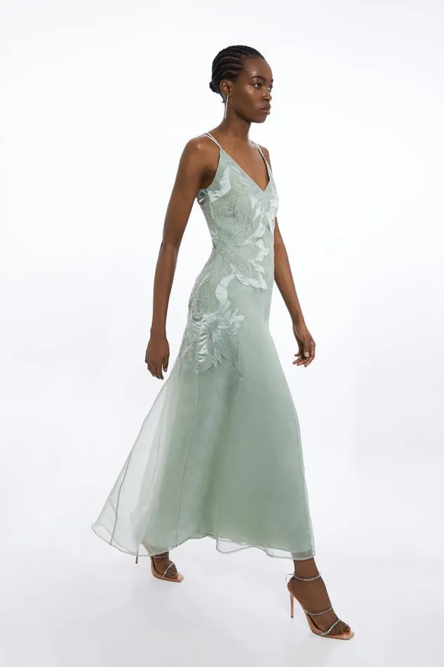 Dresses Women Karen Millen Satin Applique Woven Maxi Dress Sage