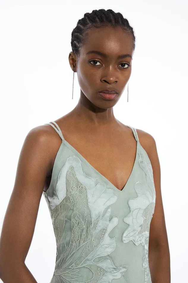 Dresses Women Karen Millen Satin Applique Woven Maxi Dress Sage
