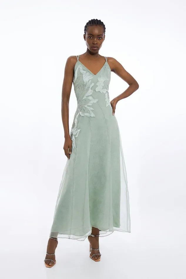 Dresses Women Karen Millen Satin Applique Woven Maxi Dress Sage
