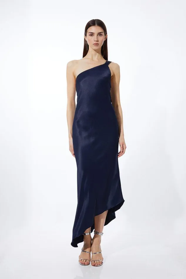 Dresses Women Karen Millen Satin Back Crepe Tailored One Shoulder Chain Detail Asymmetric Midaxi Dress Navy