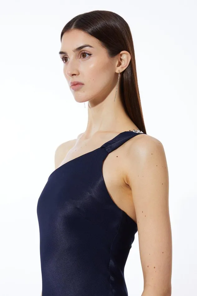 Dresses Women Karen Millen Satin Back Crepe Tailored One Shoulder Chain Detail Asymmetric Midaxi Dress Navy