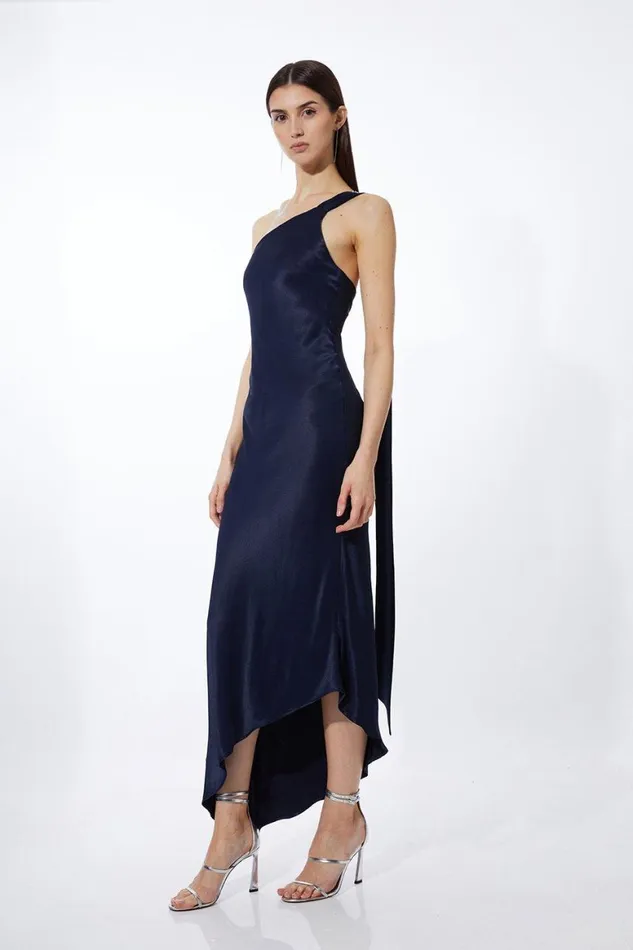 Dresses Women Karen Millen Satin Back Crepe Tailored One Shoulder Chain Detail Asymmetric Midaxi Dress Navy