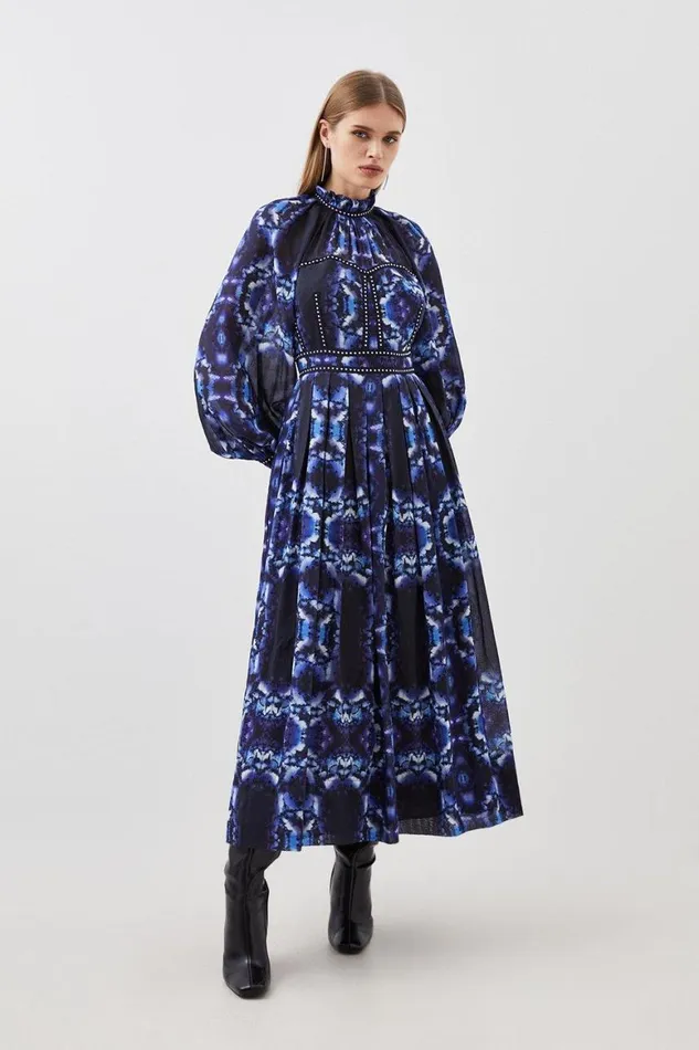 Dresses Women Karen Millen Silk Cotton Border Print Woven Midi Dress Blue