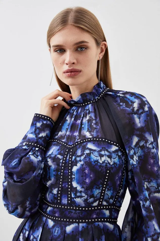 Dresses Women Karen Millen Silk Cotton Border Print Woven Midi Dress Blue