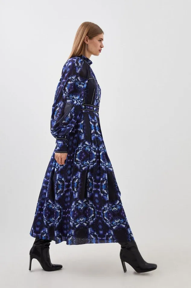Dresses Women Karen Millen Silk Cotton Border Print Woven Midi Dress Blue