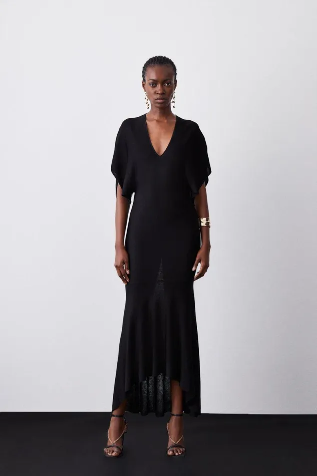 Dresses Women Karen Millen Slinky Knit Kimono Sleeve V Neck High Low Midaxi Dress Black