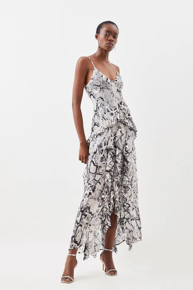 Dresses Women Karen Millen Snake Viscose Strappy Ruffle Drama Woven Maxi Dress Snake