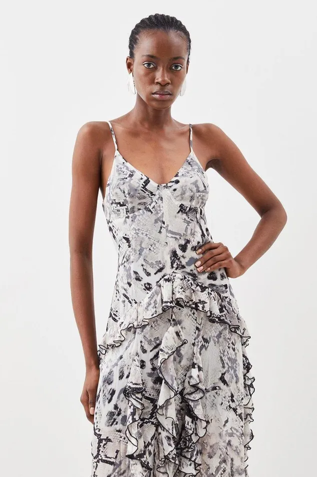 Dresses Women Karen Millen Snake Viscose Strappy Ruffle Drama Woven Maxi Dress Snake
