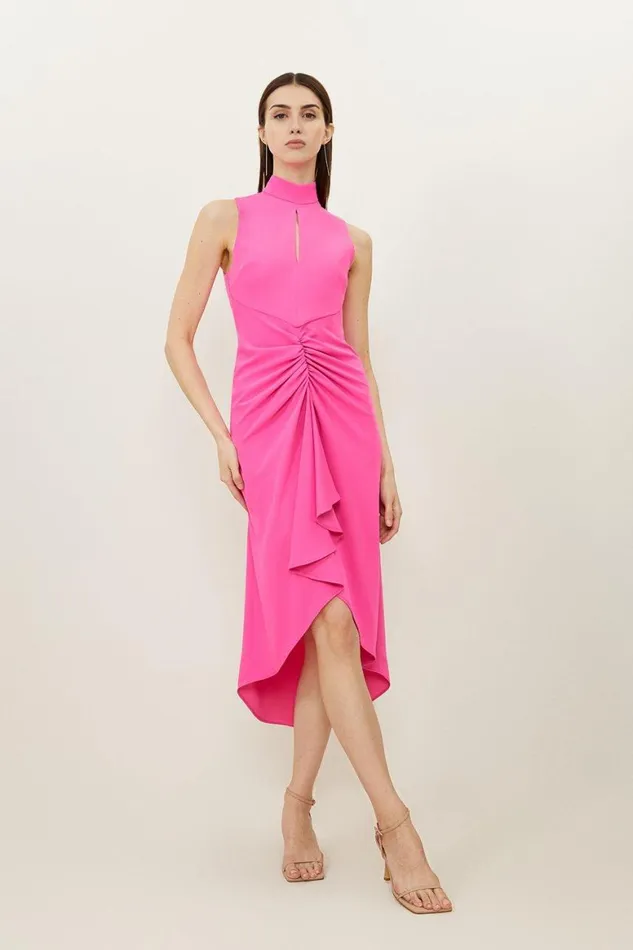 Dresses Women Karen Millen Soft Tailored Ruched Front High Neck Midi Dress Pink