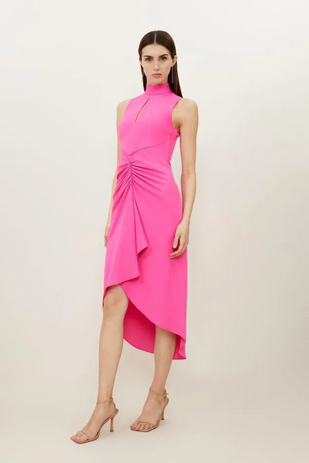 Dresses Women Karen Millen Soft Tailored Ruched Front High Neck Midi Dress Pink