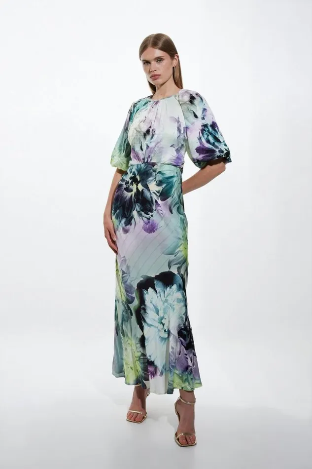 Dresses Women Karen Millen Spring Floral Printed Hammered Satin Woven Midi Dress Blue