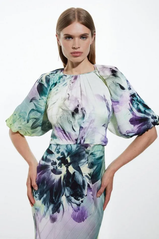 Dresses Women Karen Millen Spring Floral Printed Hammered Satin Woven Midi Dress Blue