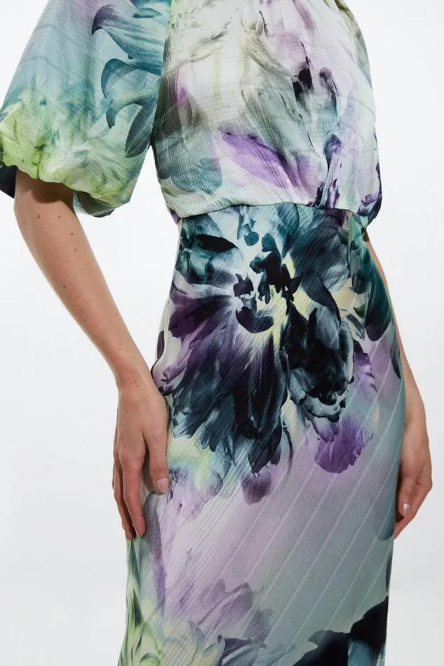 Dresses Women Karen Millen Spring Floral Printed Hammered Satin Woven Midi Dress Blue