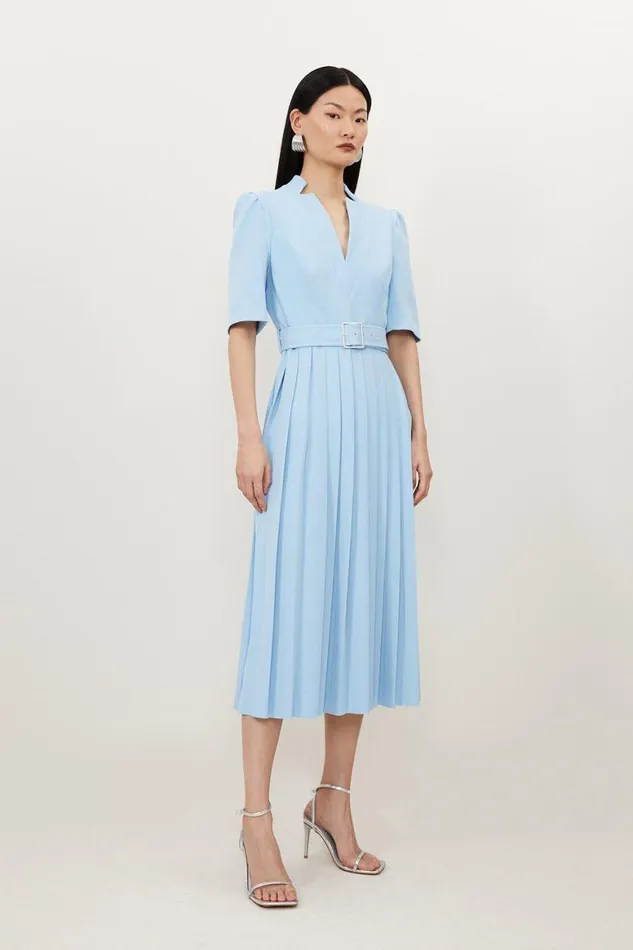 Dresses Women Karen Millen Structured Crepe Forever Pleated Midi Dress Pale Blue